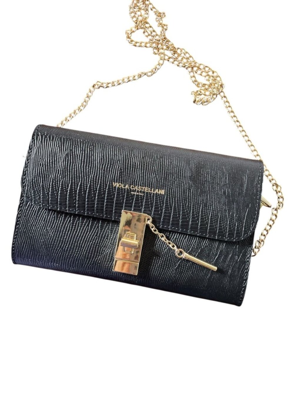 Viola Castellani Italian Black Lizard-Embossed Leather Crossbody Clutch Bag Gold
